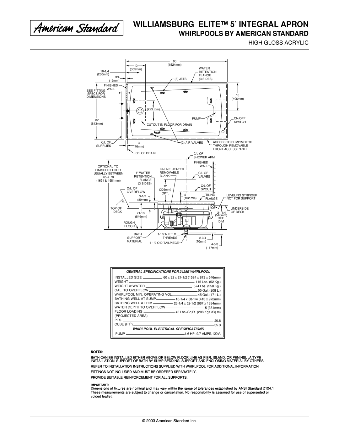 American Standard 2425EC-RHO WILLIAMSBURG ELITE 5’ INTEGRAL APRON, Whirlpools By American Standard, American Standard Inc 