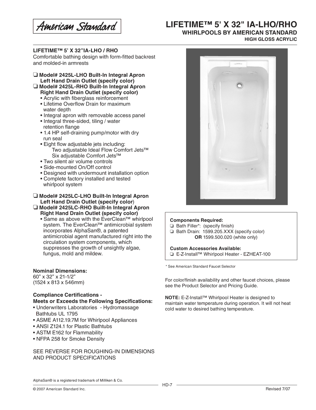 American Standard 2425L-LHO dimensions Lifetime 5 X 32 IA-LHO/RHO, Whirlpools by American Standard, Components Required 