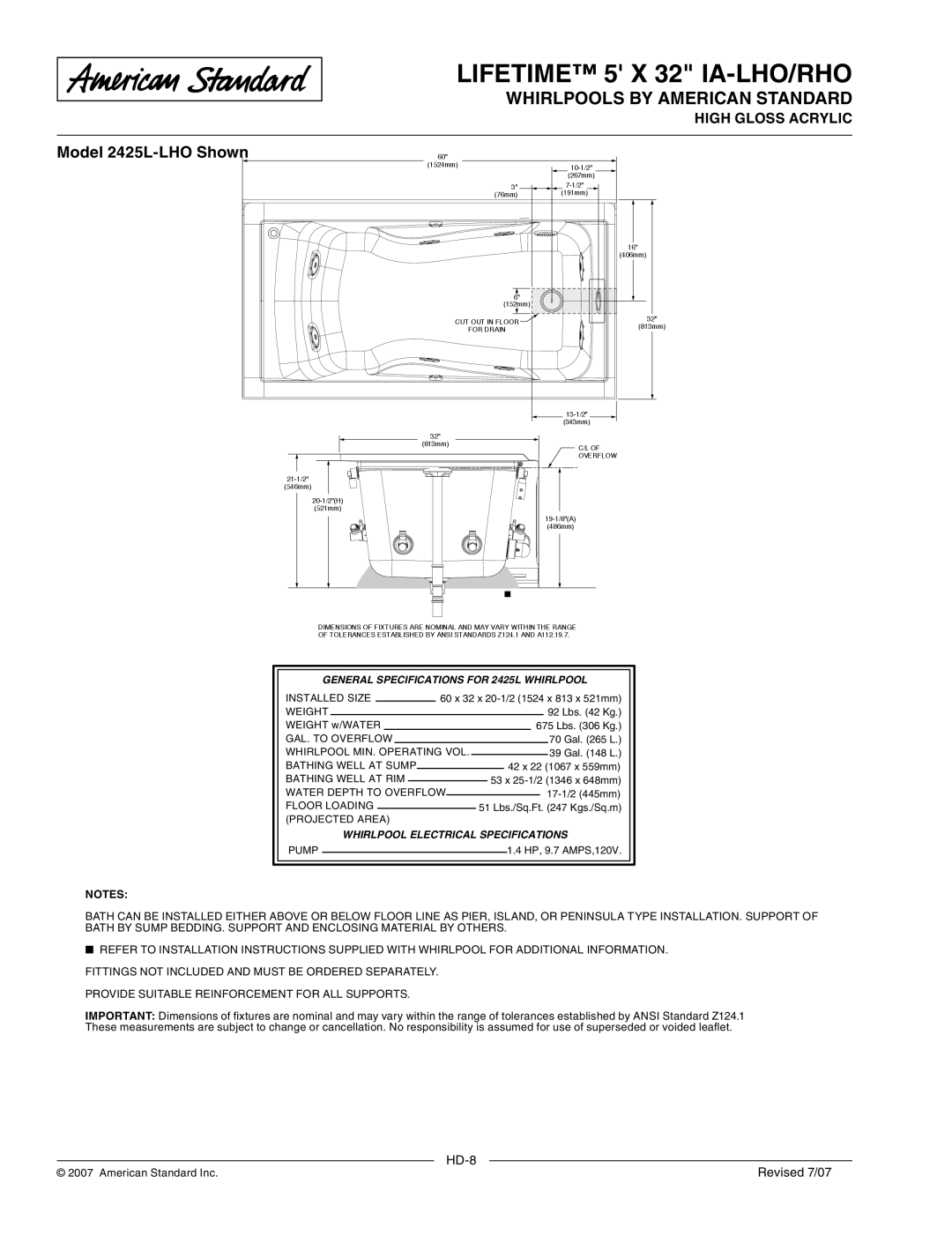 American Standard 2425LC-LHO, 2425L-RHO, 2425LC-RHO Model 2425L-LHO Shown, General Specifications for 2425L Whirlpool 