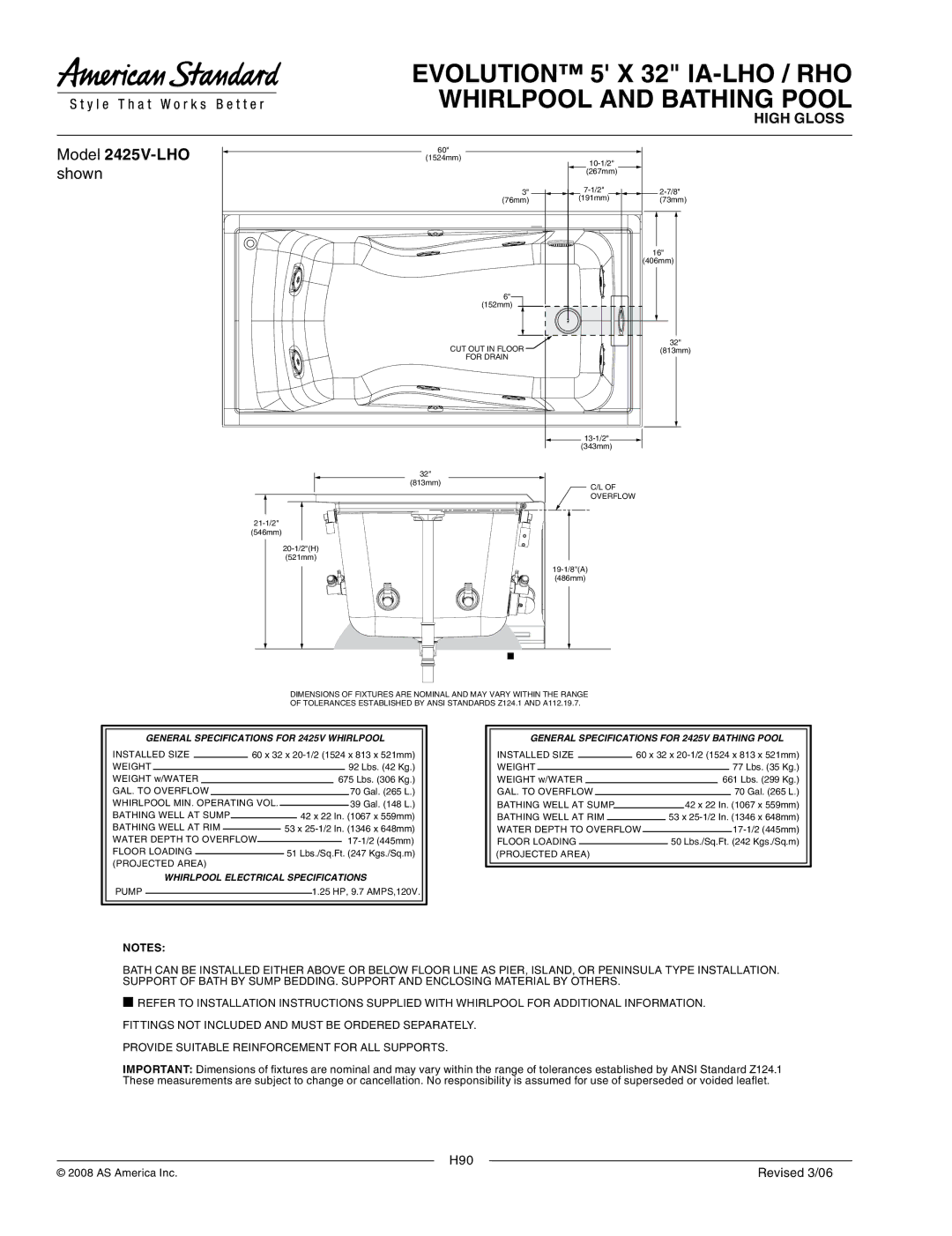 American Standard 2425V-RHO.002, 9075.120 Model 2425V-LHO shown, General Specifications for 2425V Whirlpool, For Drain 
