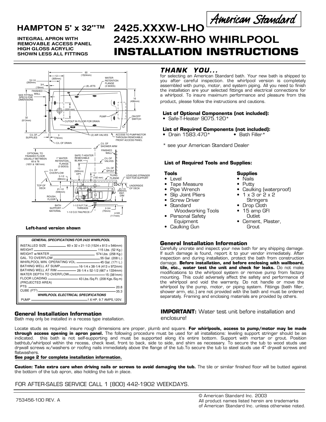 American Standard 2425.XXXW-LHO installation instructions XXXW-LHO 2425.XXXW-RHO Whirlpool Installation Instructions 