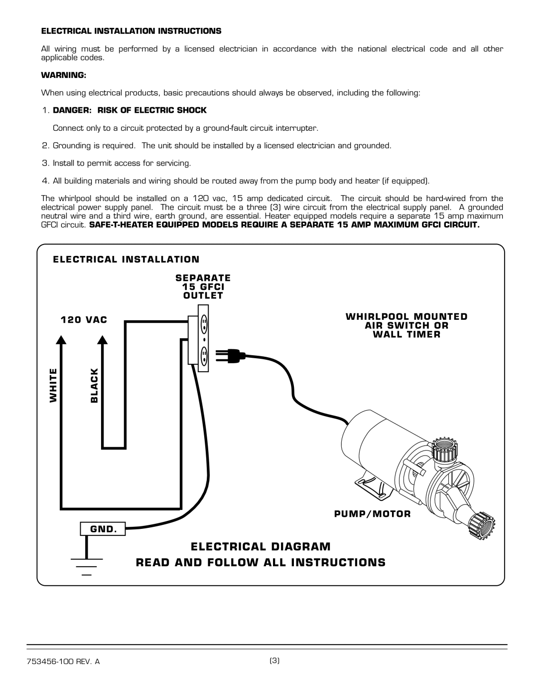 American Standard 2425.XXXW-LHO Electrical Installation Separate Gfci Outlet, Whirlpool Mounted, AIR Switch or, Wall Timer 