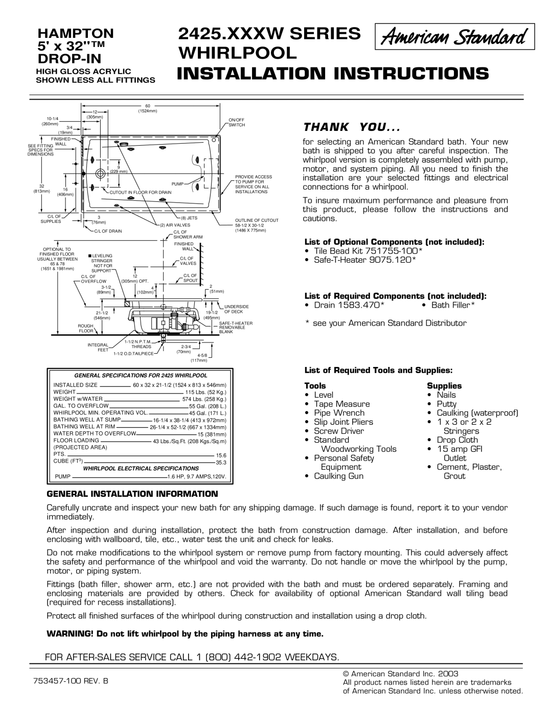 American Standard 2425.XXXW SERIES installation instructions Xxxw Series Whirlpool Installation Instructions 