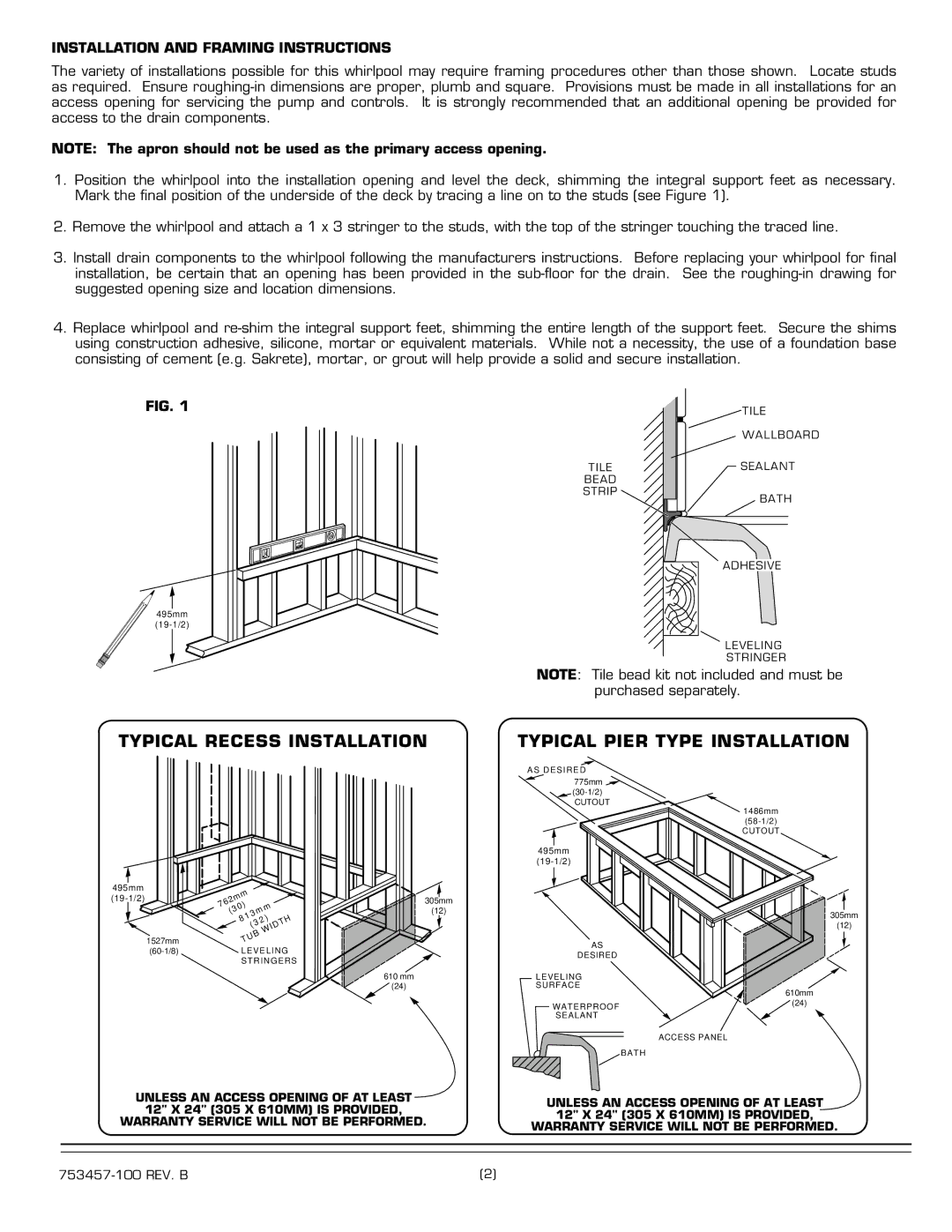 American Standard 2425.XXXW SERIES Typical Pier Type Installation, Installation and Framing Instructions 