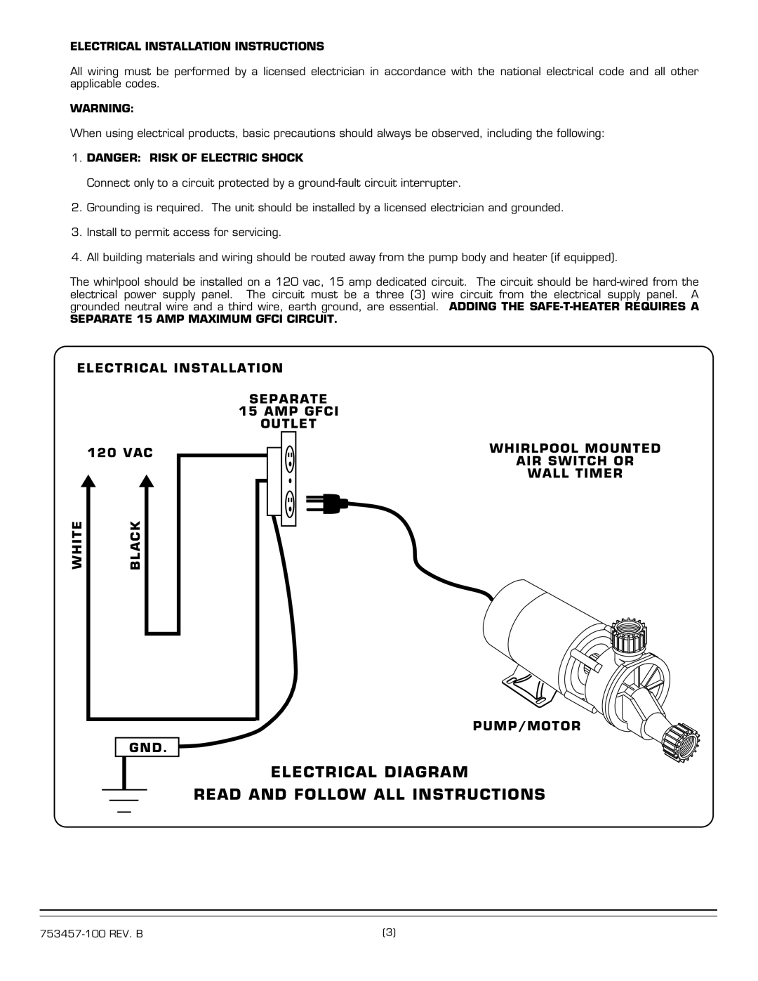 American Standard 2425.XXXW SERIES Electrical Installation Instructions, Separate 15 AMP Maximum Gfci Circuit 