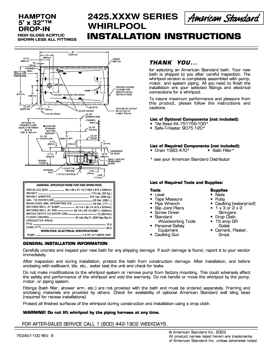 American Standard 2425.XXXW SERIES installation instructions Xxxw Series Whirlpool, Installation Instructions, Thank You 