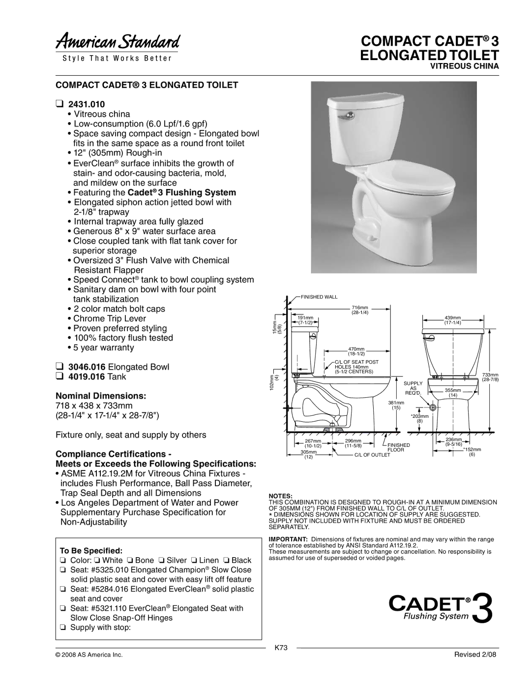 American Standard 3046.016 dimensions Compact Cadet Elongated Toilet, Compact Cadet 3 Elongated Toilet, 2431.010 