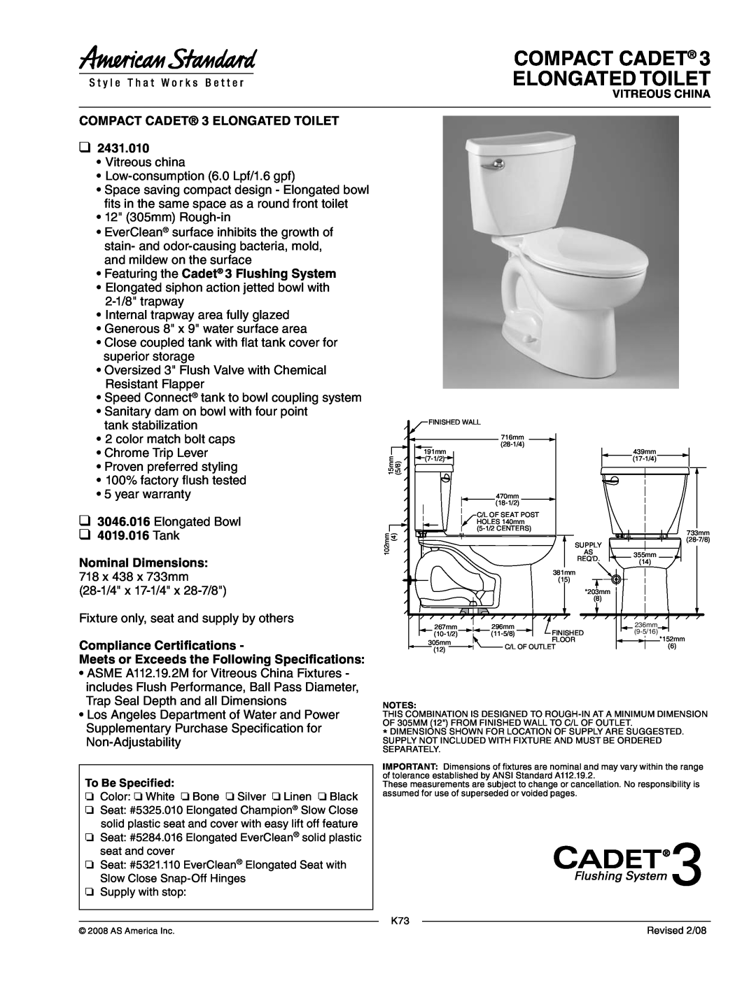 American Standard 3046.016, 2431.010 dimensions Compact Cadet Elongated Toilet, COMPACT CADET 3 ELONGATED TOILET 