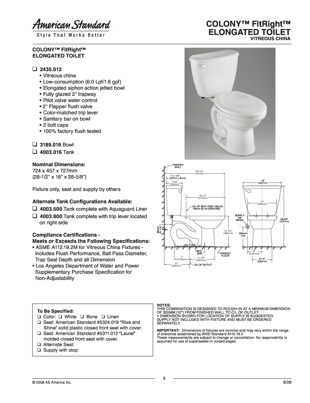 American Standard 2435.012 dimensions COLONY FitRight ELONGATED TOILET, Bowl 4003.016 Tank, Compliance Certifications 