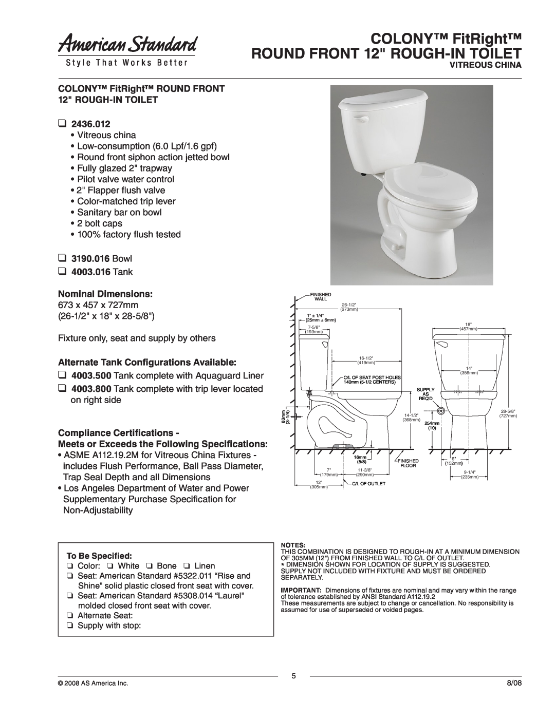 American Standard 2436.012 dimensions COLONY FitRight ROUND FRONT 12 ROUGH-INTOILET, Bowl 4003.016 Tank 