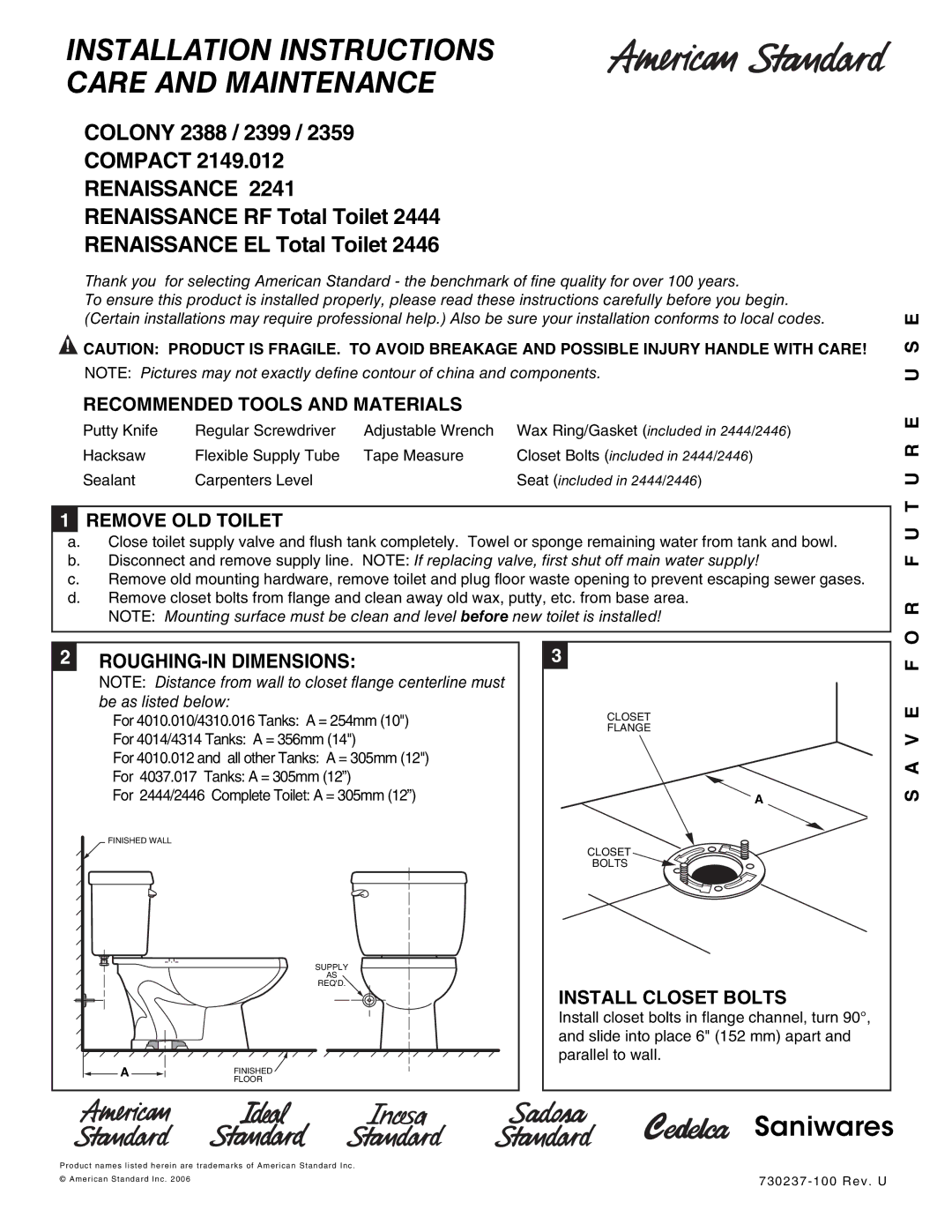 American Standard 2444 dimensions Recommended Tools and Materials, Remove OLD Toilet, F U T U R E U S E, V E F 