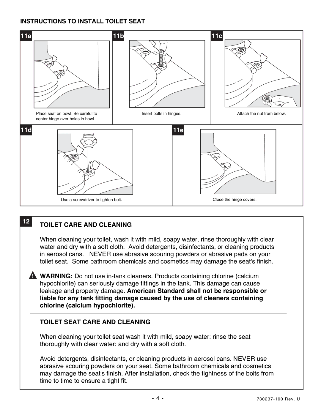 American Standard 2444 Instructions to Install Toilet Seat, Toilet Care and Cleaning, Toilet Seat Care and Cleaning 