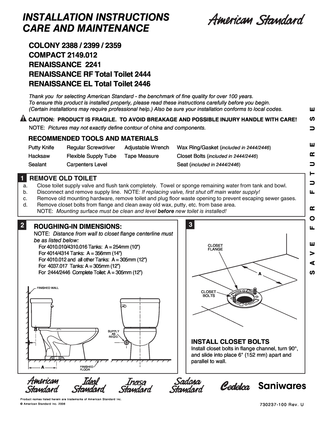 American Standard 2444 dimensions Recommended Tools And Materials, 1REMOVE OLD TOILET, O R F U T U R E U S E, S A V E F 