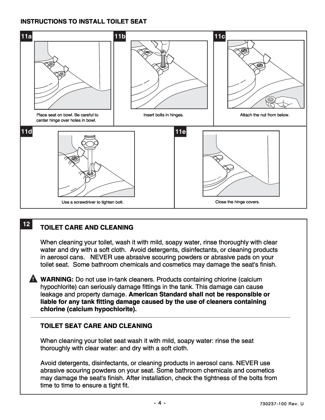 American Standard 2444 Instructions To Install Toilet Seat, 12TOILET CARE AND CLEANING, Toilet Seat Care And Cleaning 
