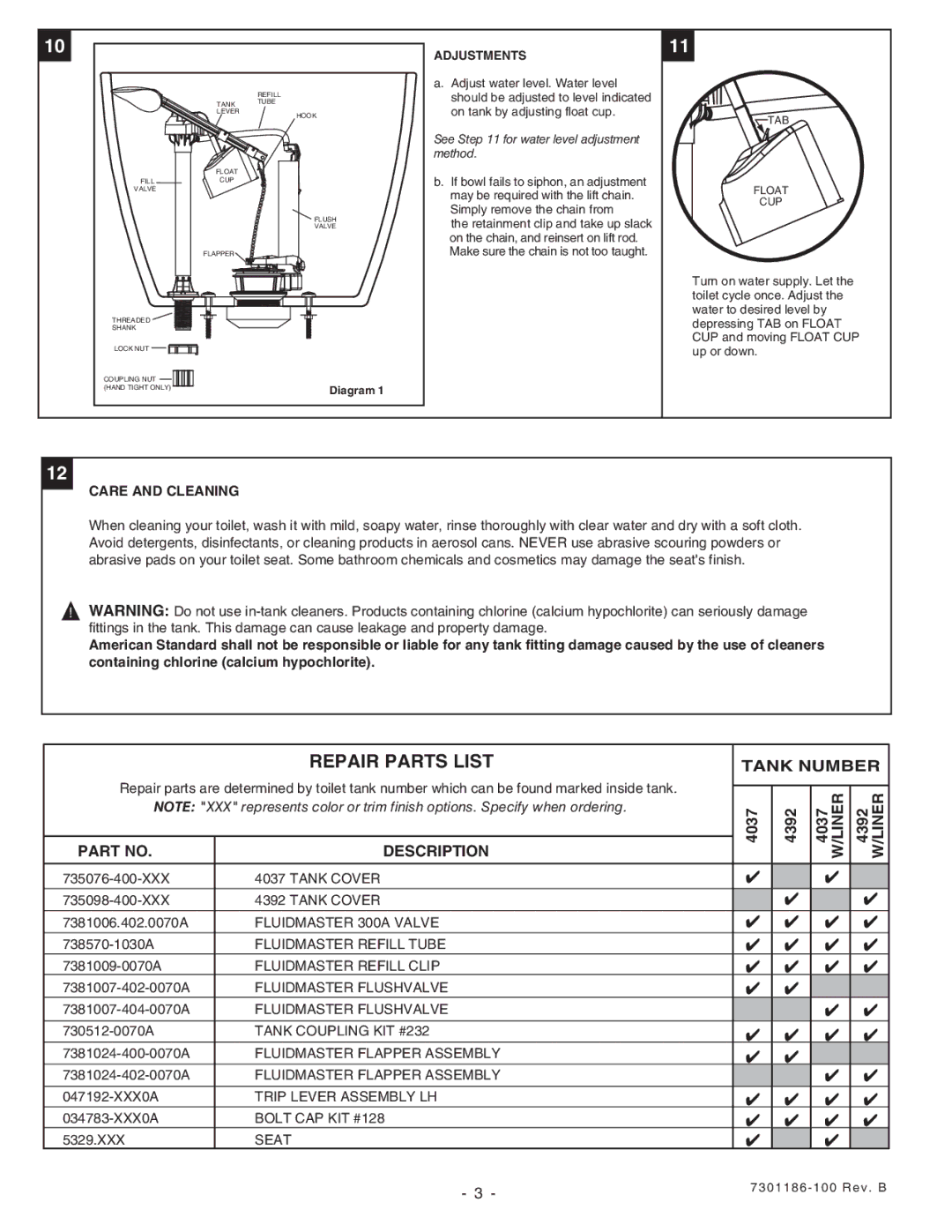 American Standard 2446 installation instructions Repair Parts List, Adjustments 