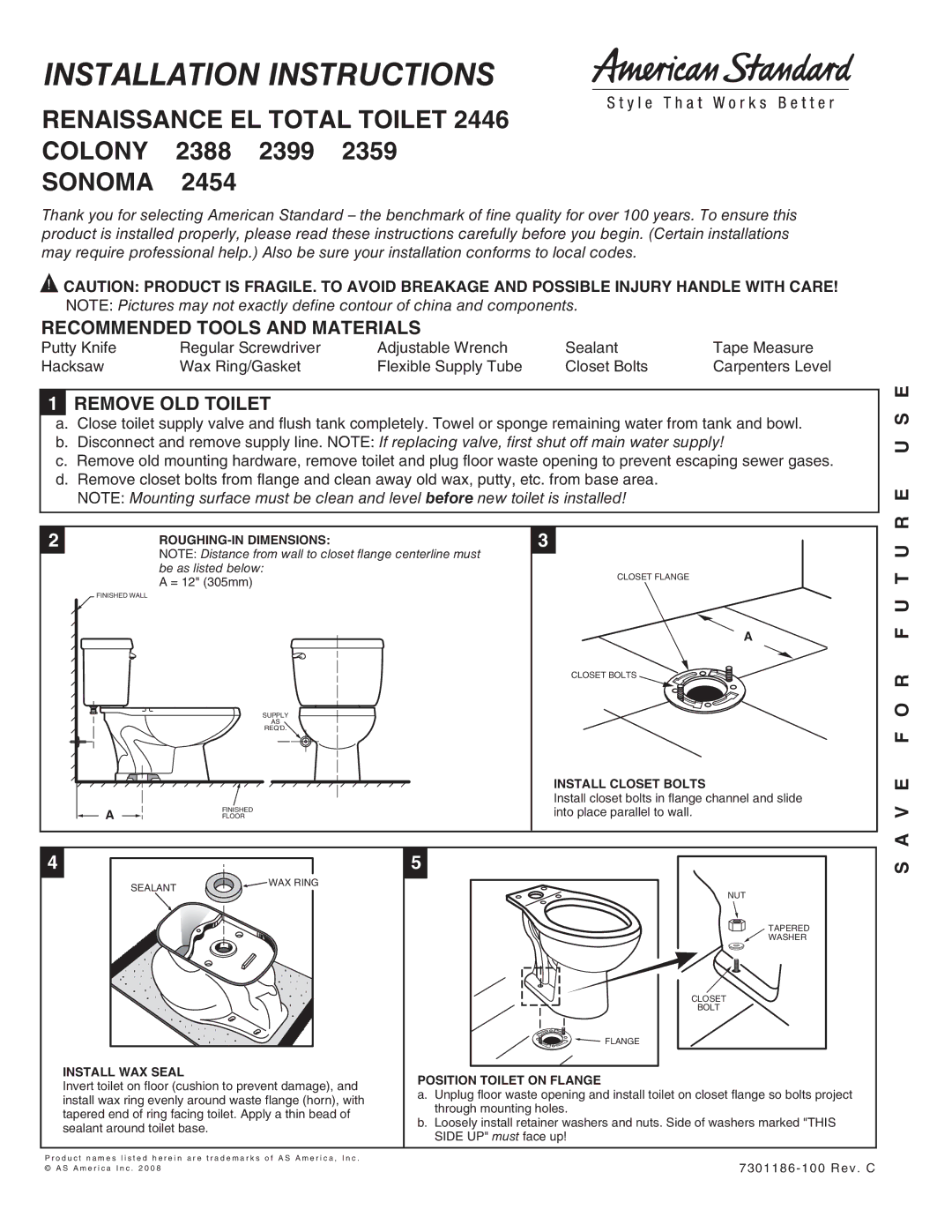 American Standard 2446 installation instructions Recommended Tools and Materials, Remove OLD Toilet 