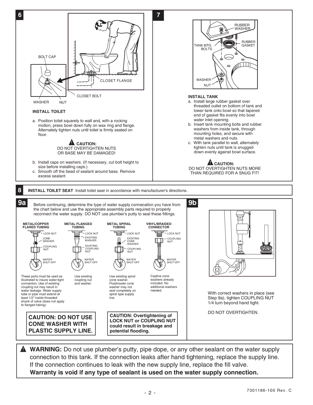 American Standard 2446 installation instructions Install Tank, Install Toilet 