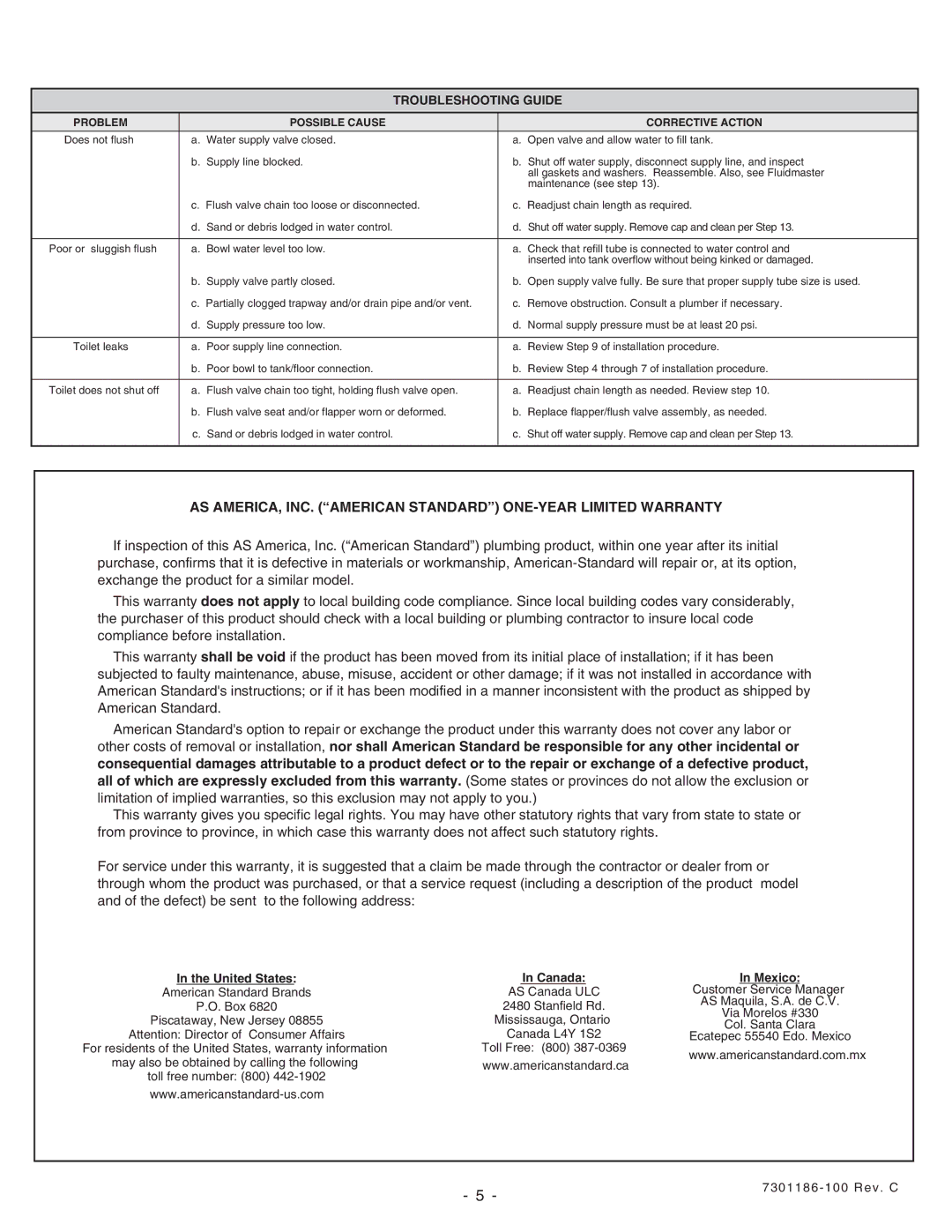 American Standard 2446 Troubleshooting Guide, United States, Col. Santa Clara, Toll Free 800 7301186-100 Rev. C 