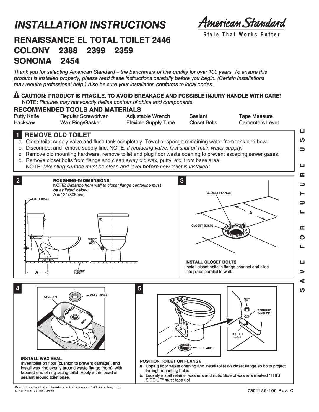 American Standard 2446 installation instructions Recommended Tools And Materials, 1REMOVE OLD TOILET 