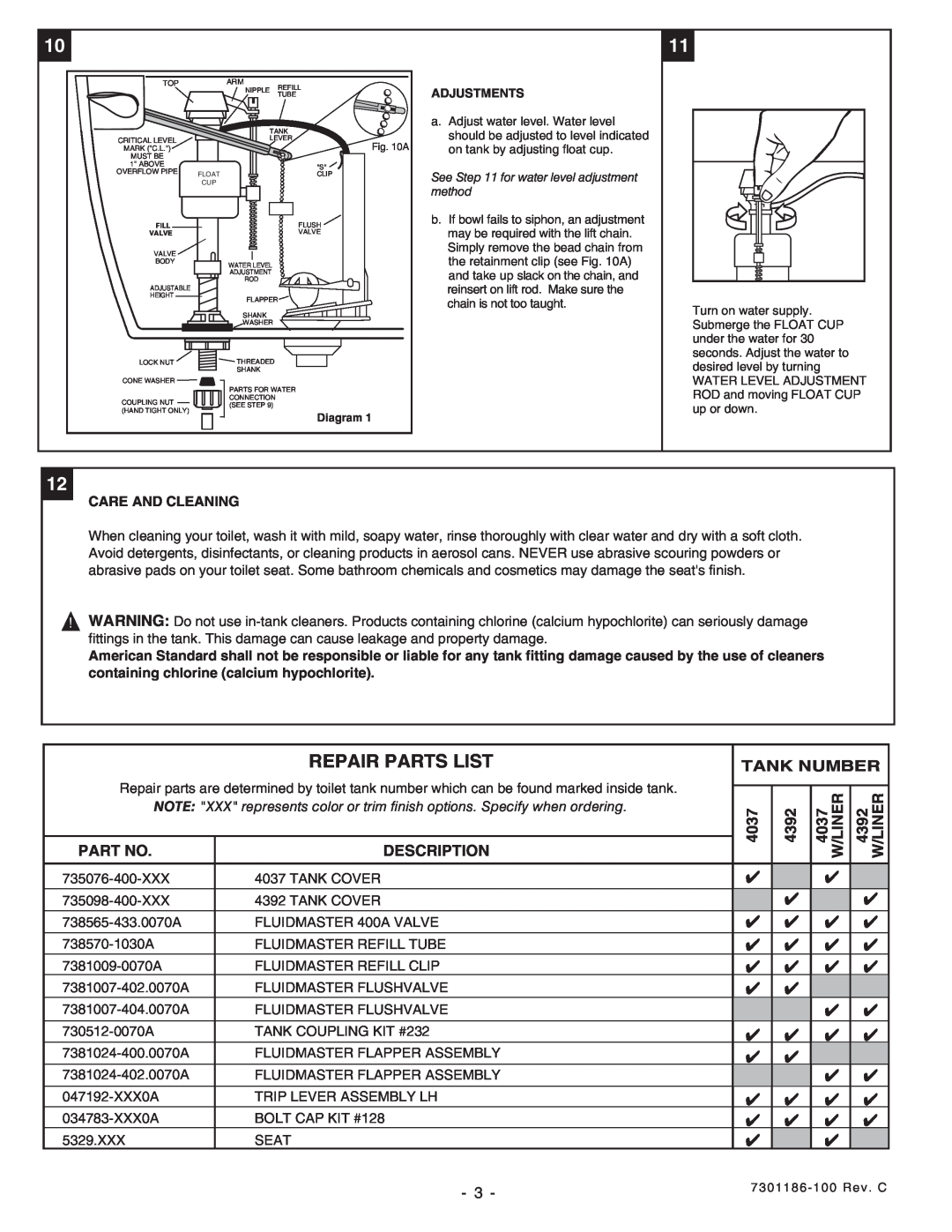 American Standard 2446 Repair Parts List, Description, Tank Number, 4037 W/LINER, 4392 W/LINER, Care And Cleaning 