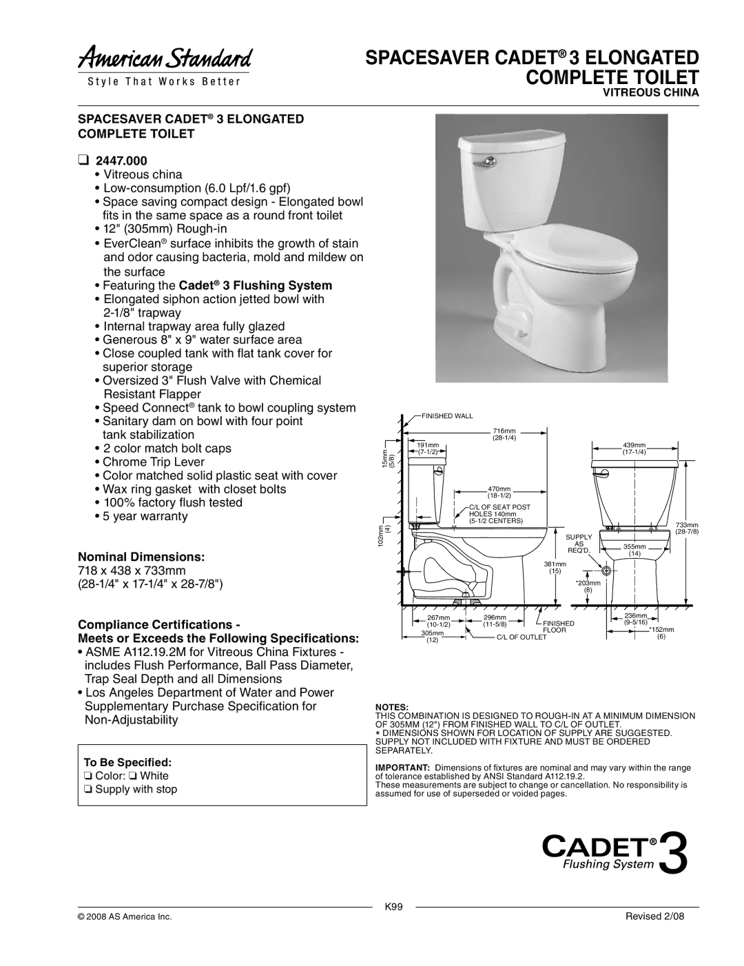 American Standard 2447.000 warranty Spacesaver Cadet 3 Elongated Complete Toilet, Featuring the Cadet 3 Flushing System 