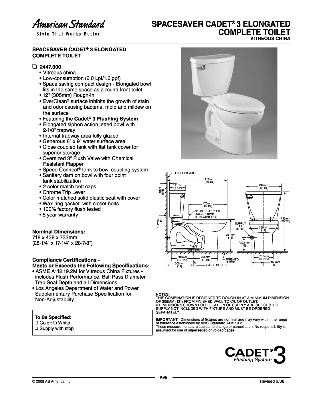 American Standard 2447.000 warranty SPACESAVER CADET 3 ELONGATED COMPLETE TOILET, Featuring the Cadet 3 Flushing System 