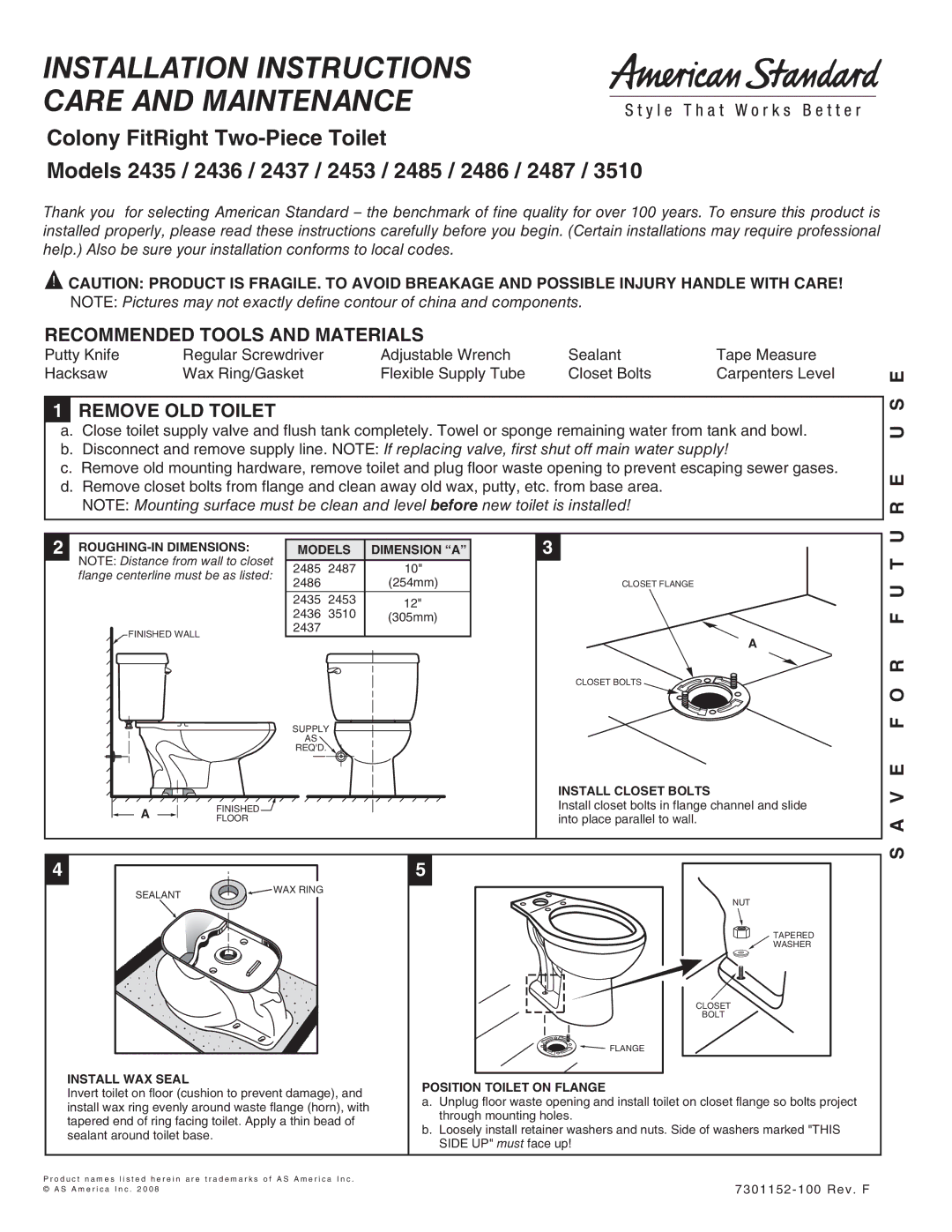 American Standard 2487 installation instructions Recommended Tools and Materials, Remove OLD Toilet, Install Closet Bolts 