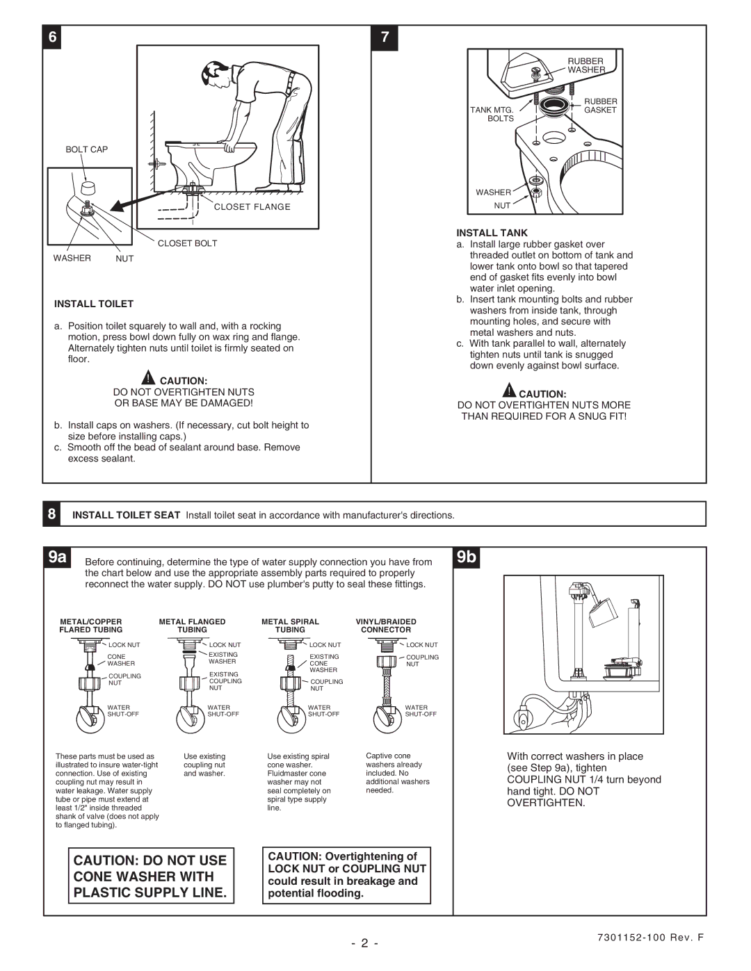 American Standard 2485, 2453, 2487, 3510 installation instructions Install Tank, Install Toilet 