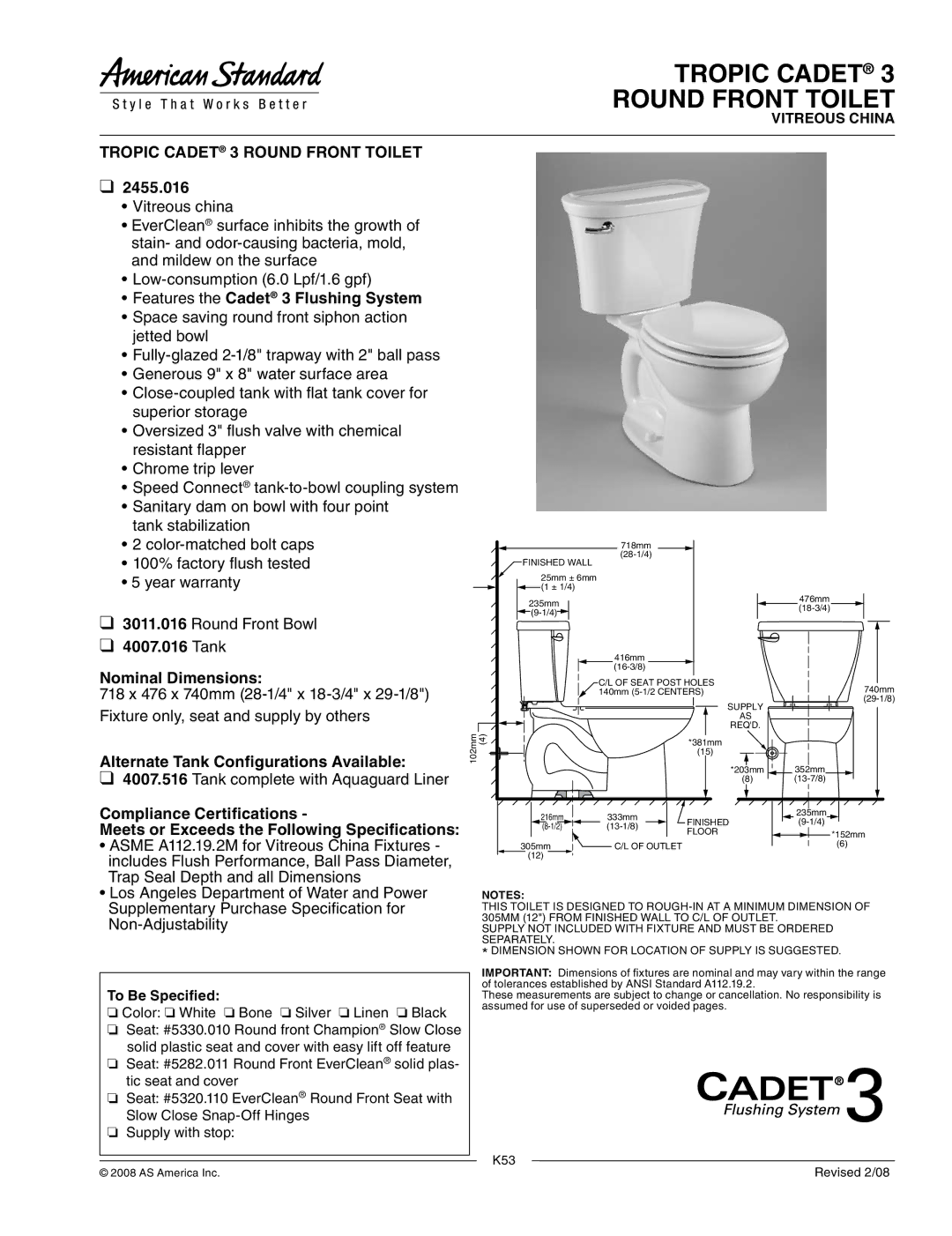 American Standard 3011.016, 2455.016 dimensions Tropic Cadet 3 Round Front Toilet 