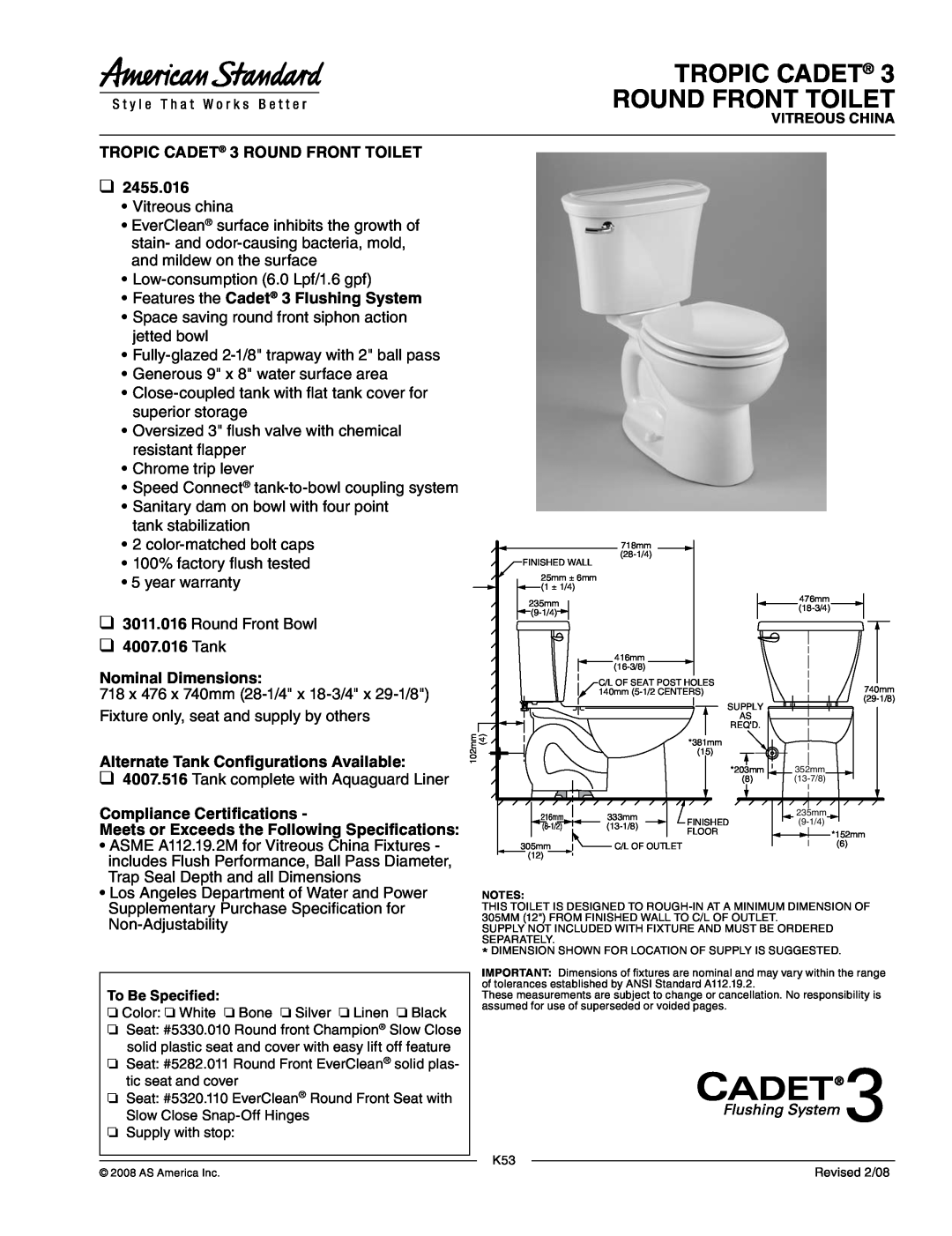 American Standard 3011.016 dimensions TROPIC CADET 3 ROUND FRONT TOILET, 2455.016, Features the Cadet 3 Flushing System 