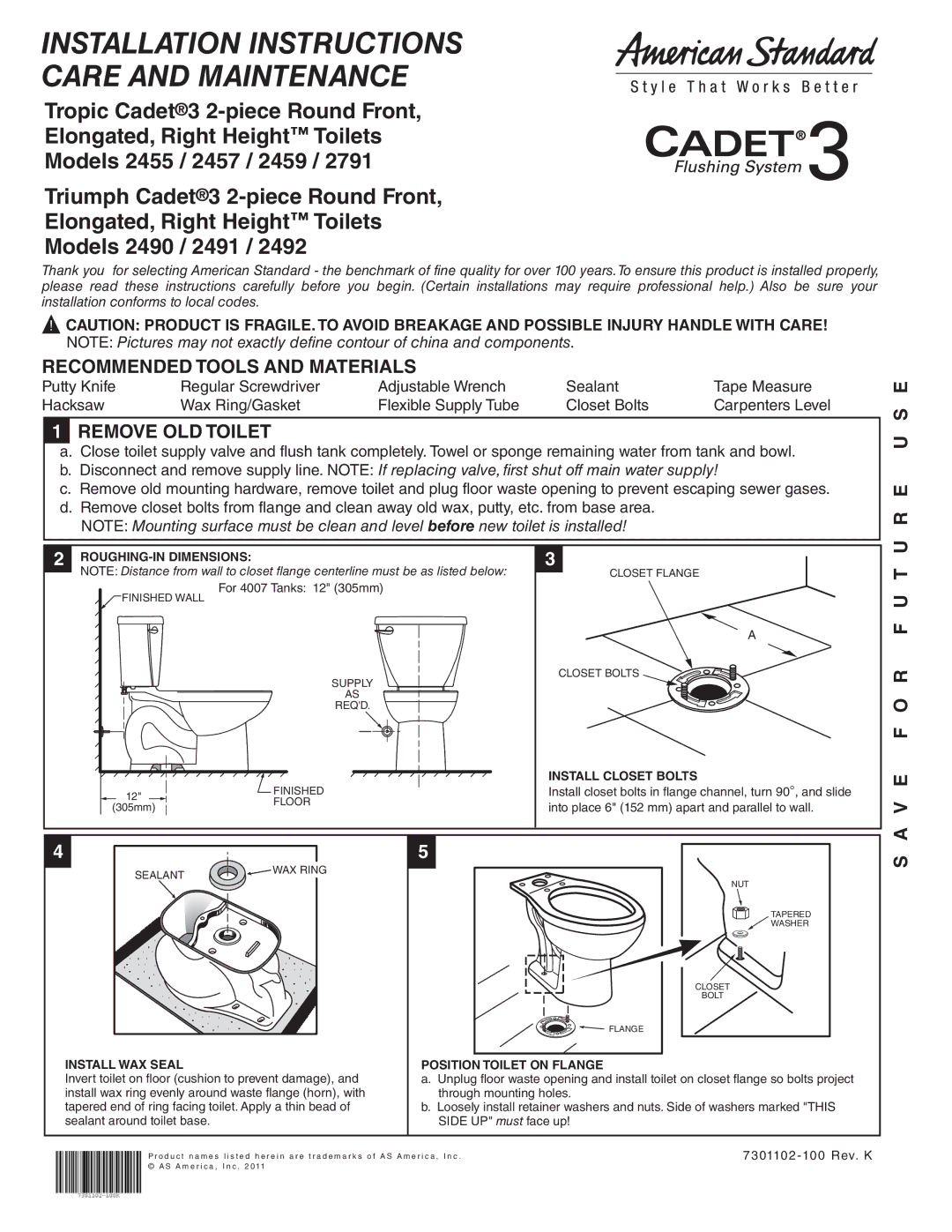 American Standard 2459, 2457, 2455, 2791, 2492, 2491 installation instructions ROUGHING-IN Dimensions, Install Closet Bolts 