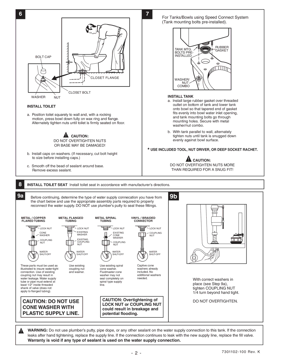 American Standard 2455, 2457, 2459, 2791, 2492, 2491, 2490 Cone Washer with, Plastic Supply Line, Install Toilet, Install Tank 