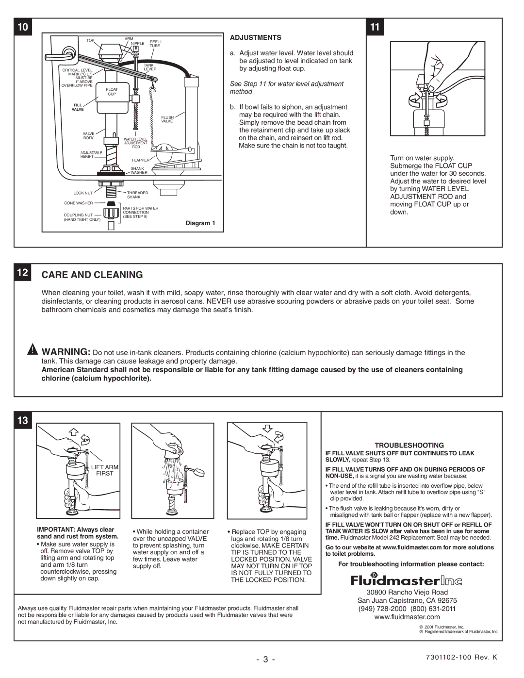 American Standard 2791, 2457, 2459, 2455, 2492, 2491, 2490 Care and Cleaning, Adjustments, Troubleshooting, Diagram 