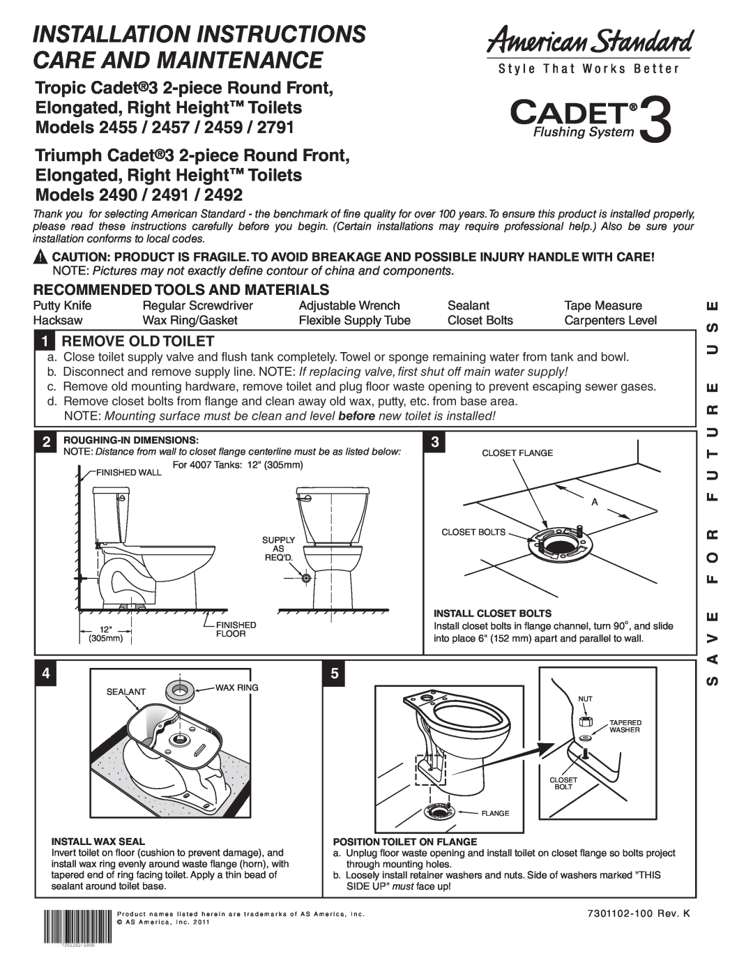 American Standard 2459 installation instructions Recommended Tools And Materials, 1REMOVE OLD TOILET, U R E U S E, Models 