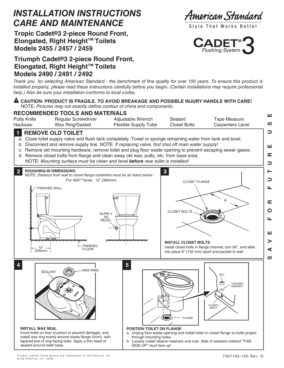 American Standard 2459, 2457, 2455 installation instructions Recommended Tools and Materials, Remove OLD Toilet, E U S E 