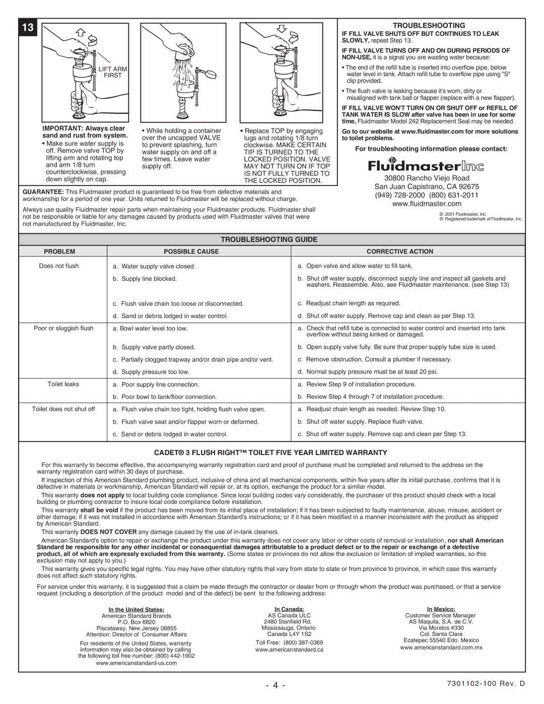 American Standard 2459, 2457, 2455 Troubleshooting Guide, Cadet 3 Flush Right Toilet Five Year Limited Warranty 