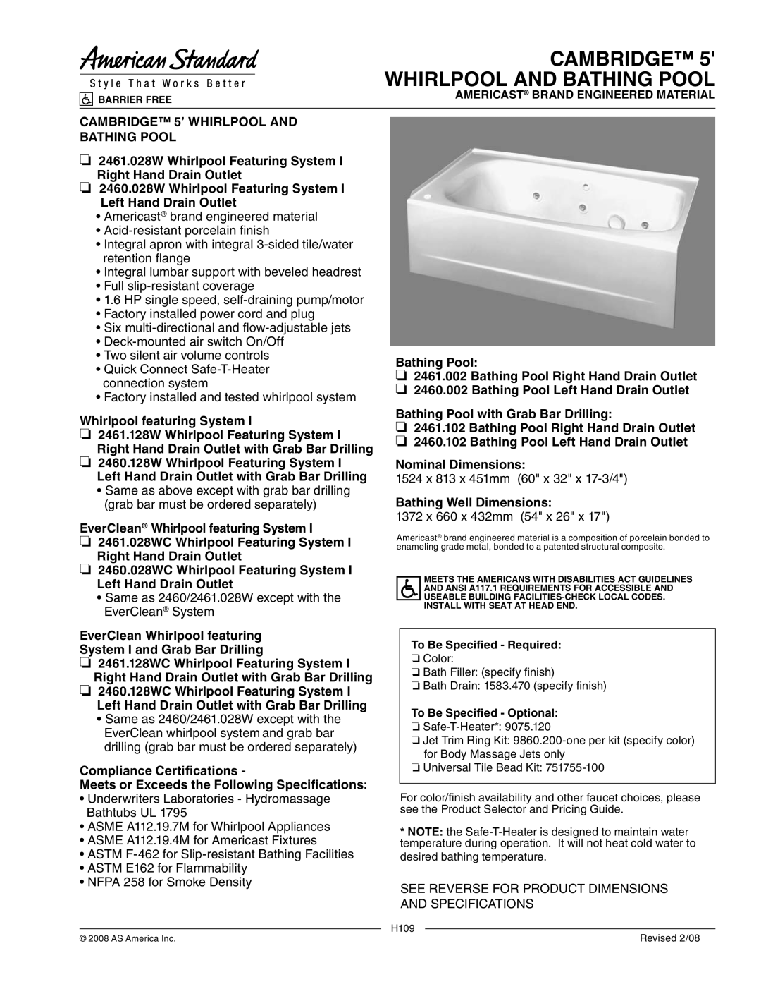 American Standard 2461.002, 2460.002, 2460.102, 2461.102 dimensions Cambridge Whirlpool and Bathing Pool 