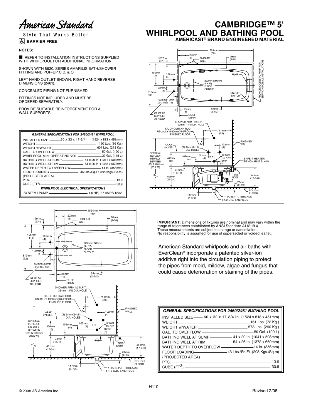 American Standard 2460.102, 2460.002, 2461.002, 2461.102 dimensions H110 