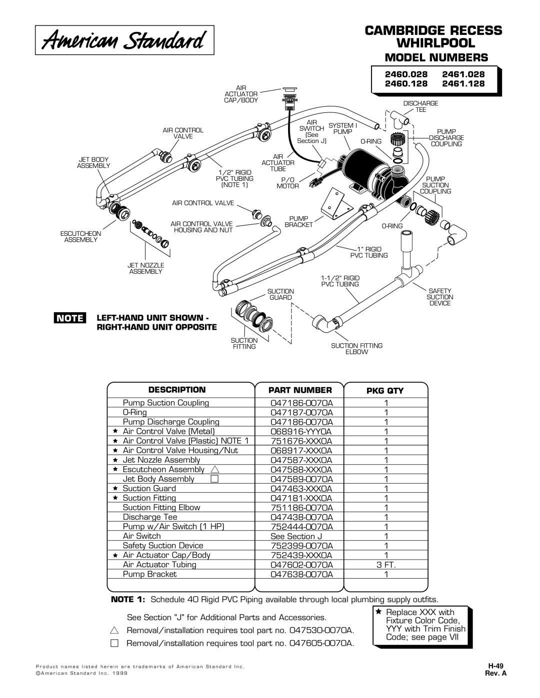 American Standard 2461.028, 2460.028, 2460.128 manual Cambridge Recess Whirlpool, Model Numbers, RIGHT-HAND Unit Opposite 