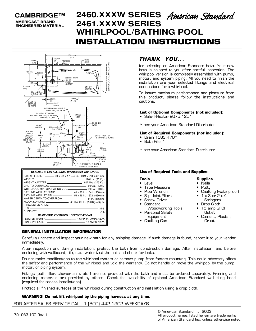 American Standard 2460.XXXW Series installation instructions Thank YOU, General Installation Information 