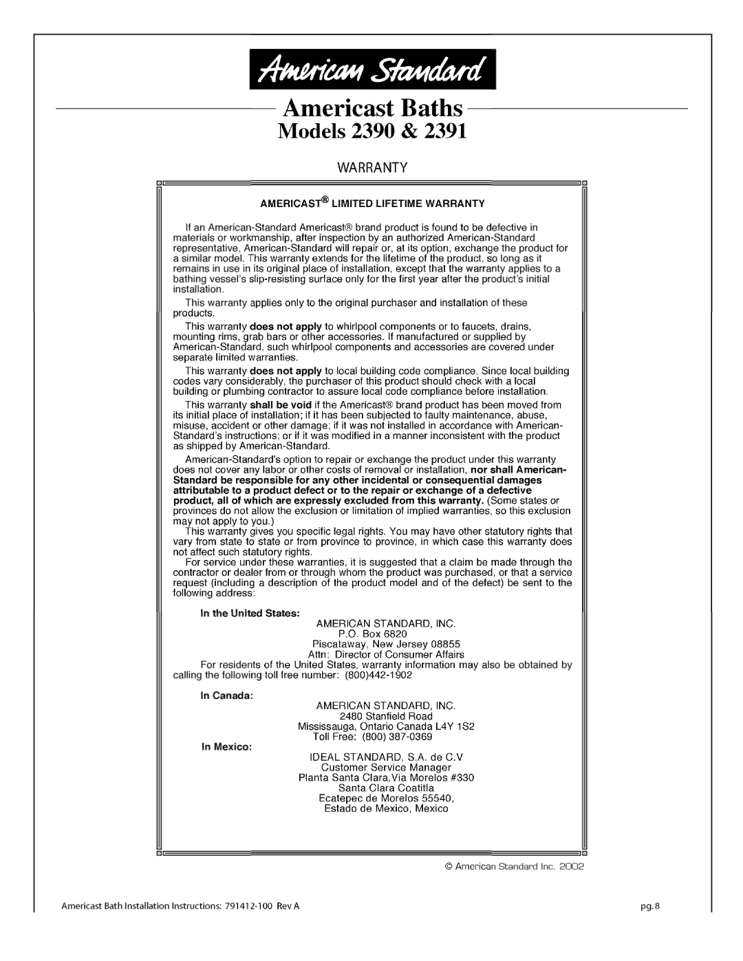 American Standard 2460.XXXW Series installation instructions 