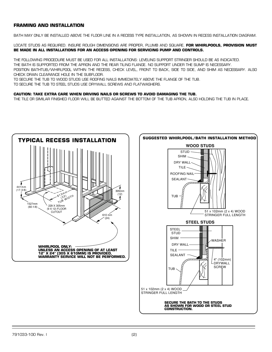 American Standard 2460.XXXW Series installation instructions Typical Recess Installation 