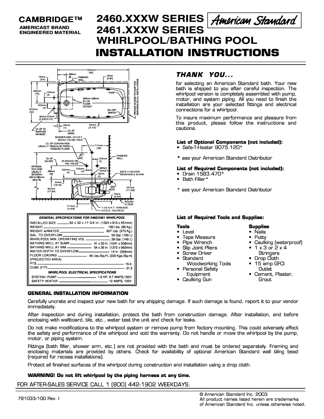 American Standard 2460.XXXW Series installation instructions Installation Instructions, Cambridge, Thank You, Tools 