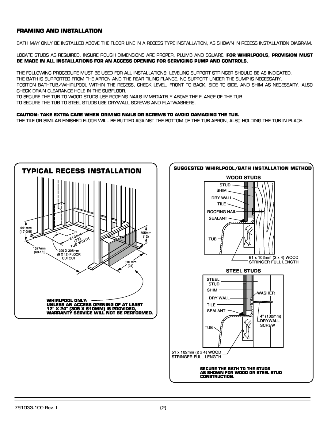 American Standard 2460.XXXW Series Typical Recess Installation, Framing And Installation, Wood Studs, Steel Studs 