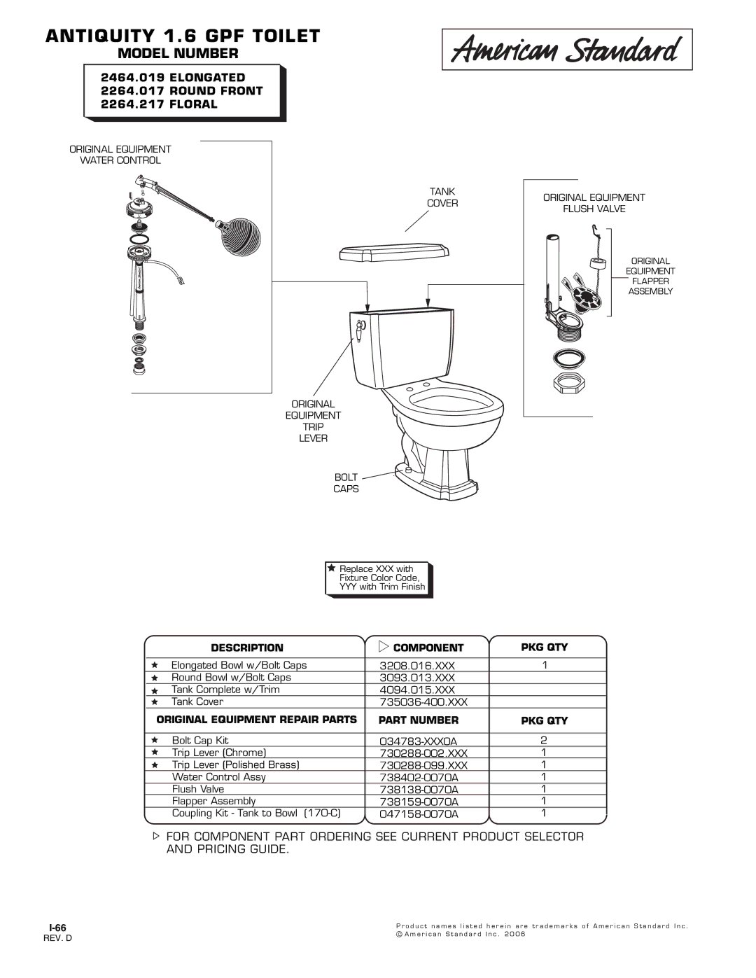 American Standard 2264.217, 2464.019, 2264.017 manual Antiquity 1.6 GPF Toilet, Model Number, Elongated Round Front Floral 