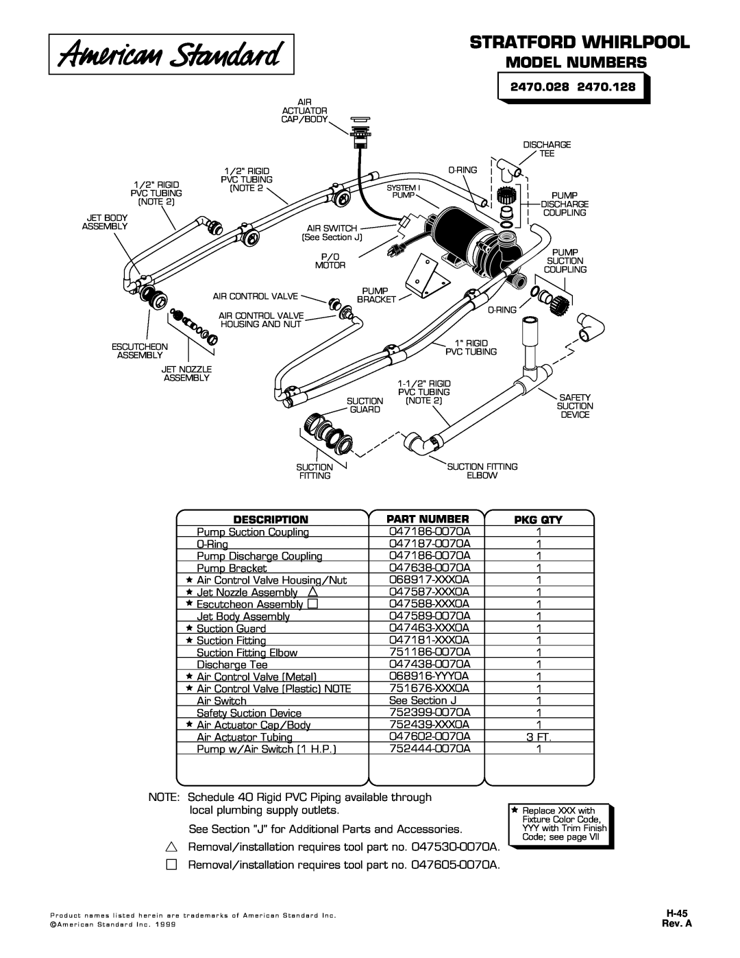 American Standard 2470.128 manual Stratford Whirlpool, Model Numbers, 2470.028, Description, Part Number, Pkg Qty 