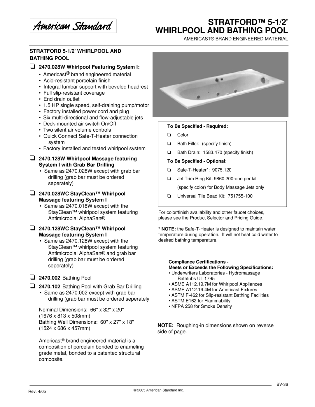 American Standard 2470.002, 2470.028W, 2470.018W, 2470.128WC dimensions Stratford 5-1/2 Whirlpool and Bathing Pool 