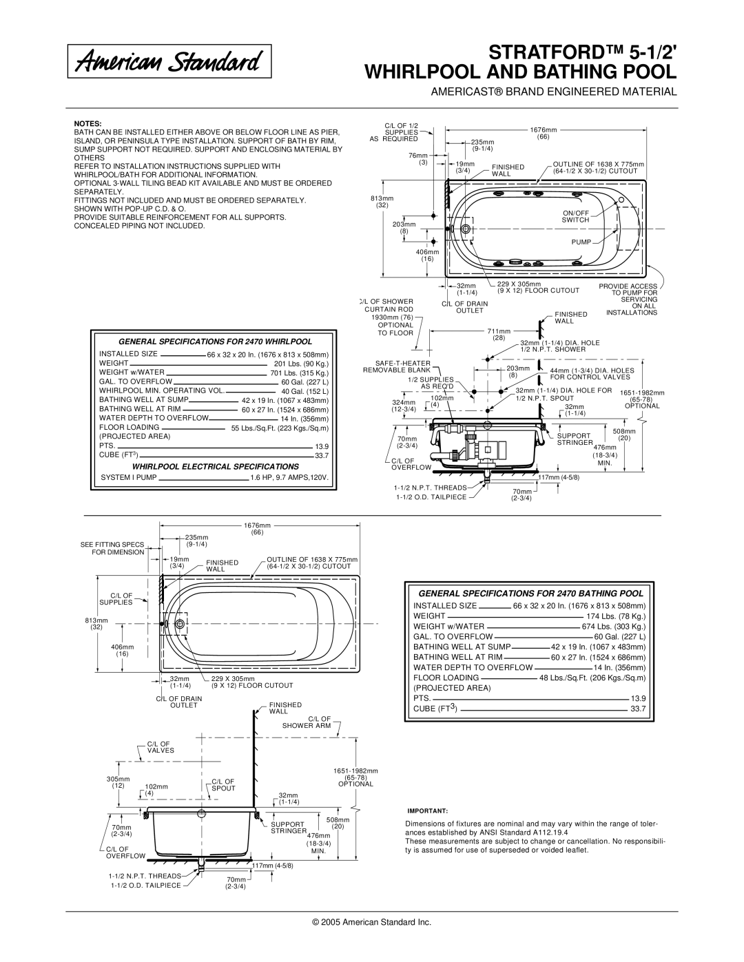 American Standard 2470.128W General Specifications for 2470 Whirlpool, General Specifications for 2470 Bathing Pool 