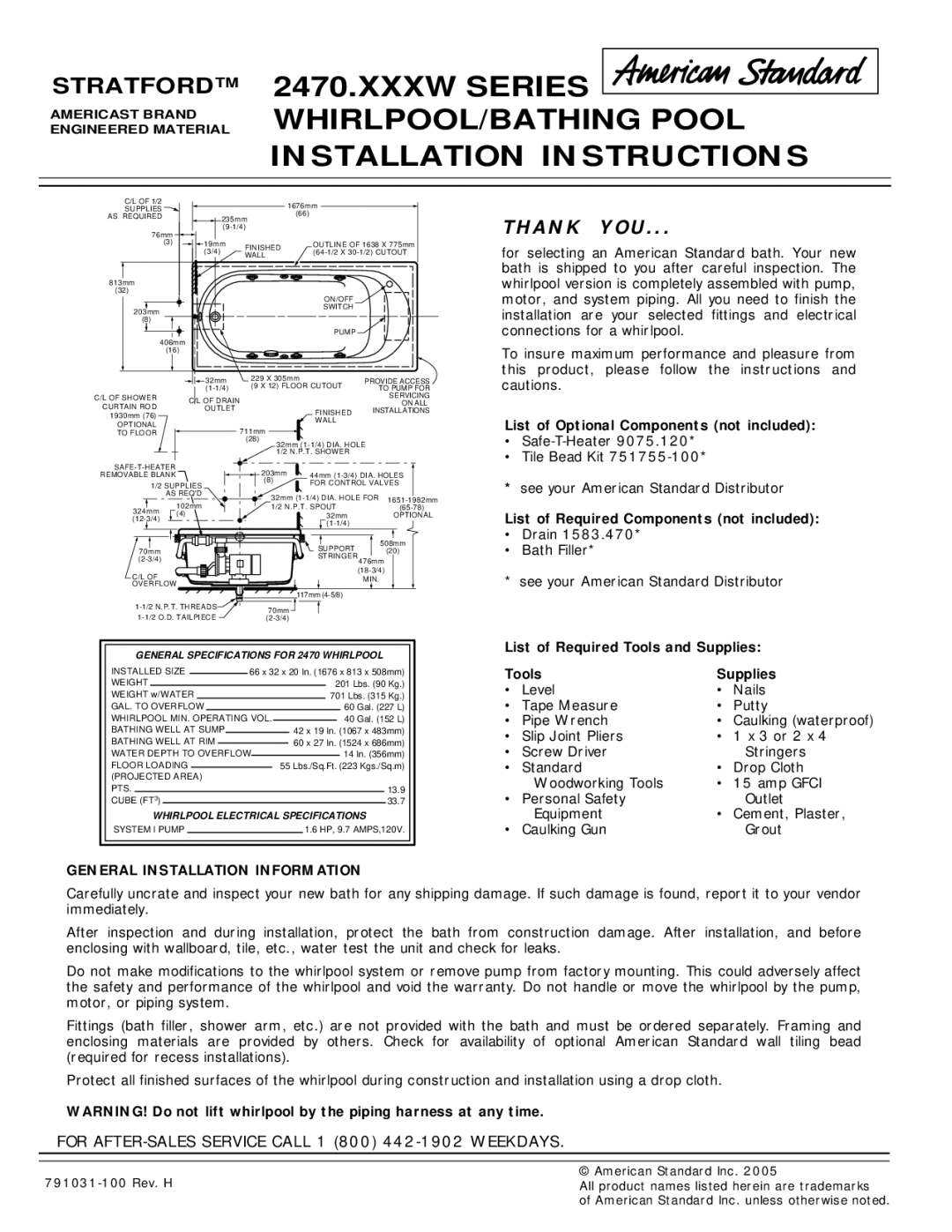 American Standard 2470.XXXW installation instructions Thank YOU, General Installation Information 