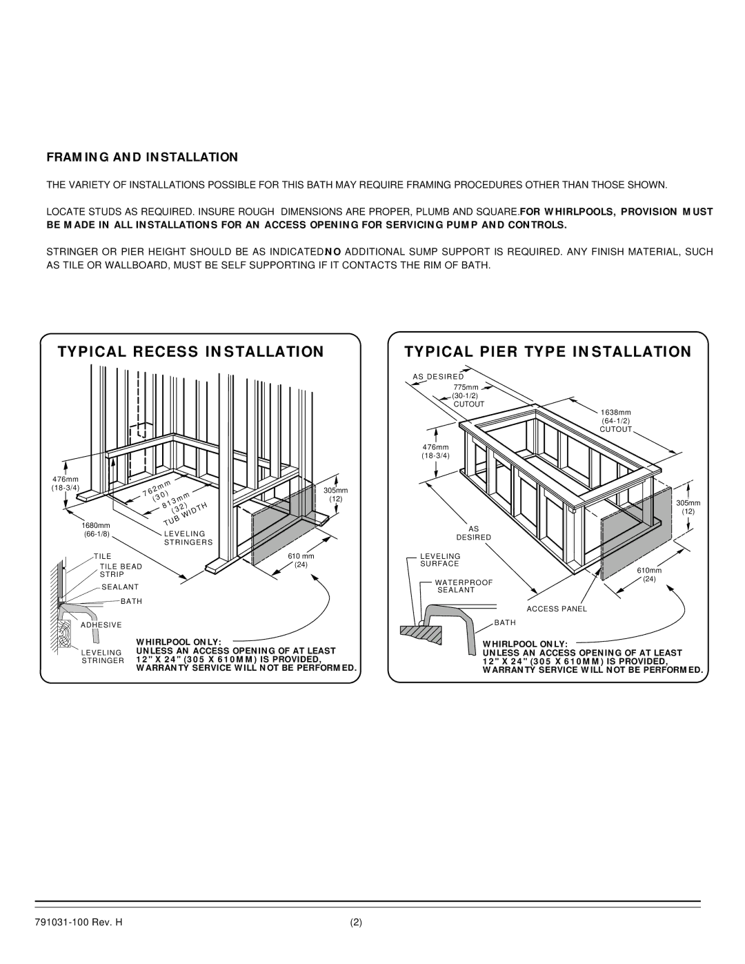 American Standard 2470.XXXW installation instructions Typical Recess Installation Typical Pier Type Installation 